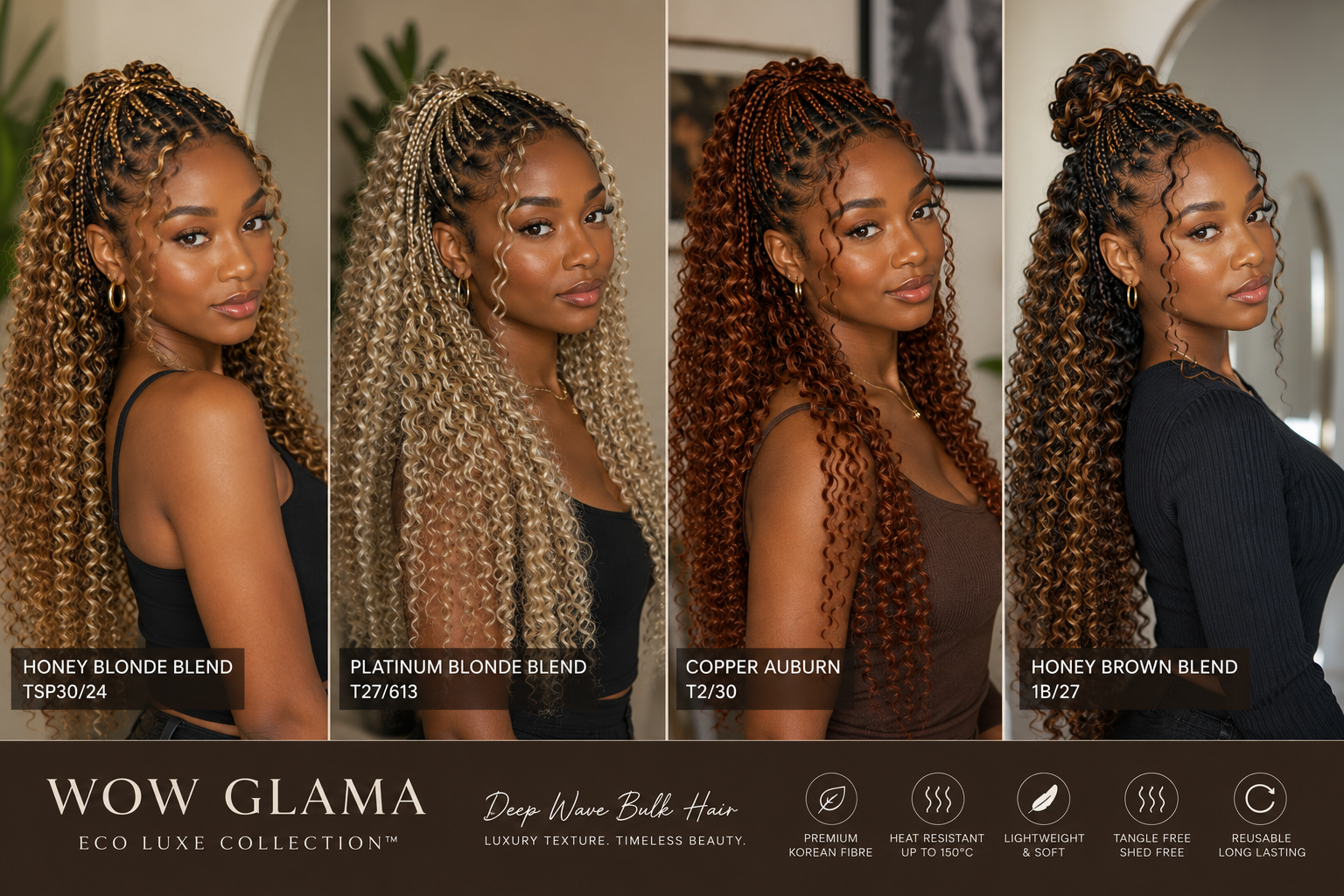 Biofibre Hair Extension, Deep Wave, Bulk Human Blend Hair, High Temperature, 18”. Various colours