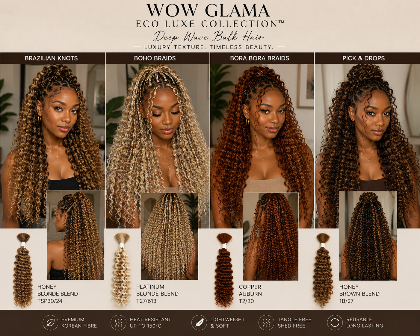 Biofibre Hair Extension, Deep Wave, Bulk Human Blend Hair, High Temperature, 18”. Various colours
