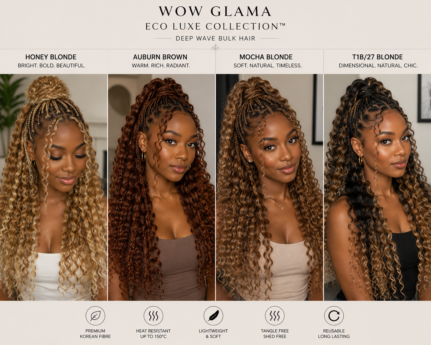 Biofibre Hair Extension, Deep Wave, Bulk Human Blend Hair, High Temperature, 18”. Various colours
