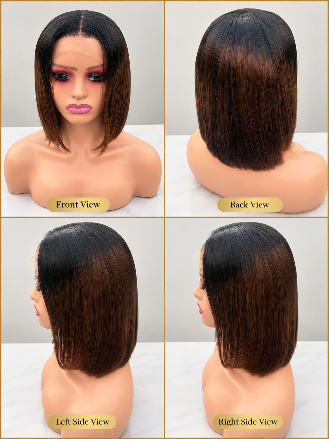 Sleek Chocolate Brown Bob Wig, Human Hair, 10”, 200 Density