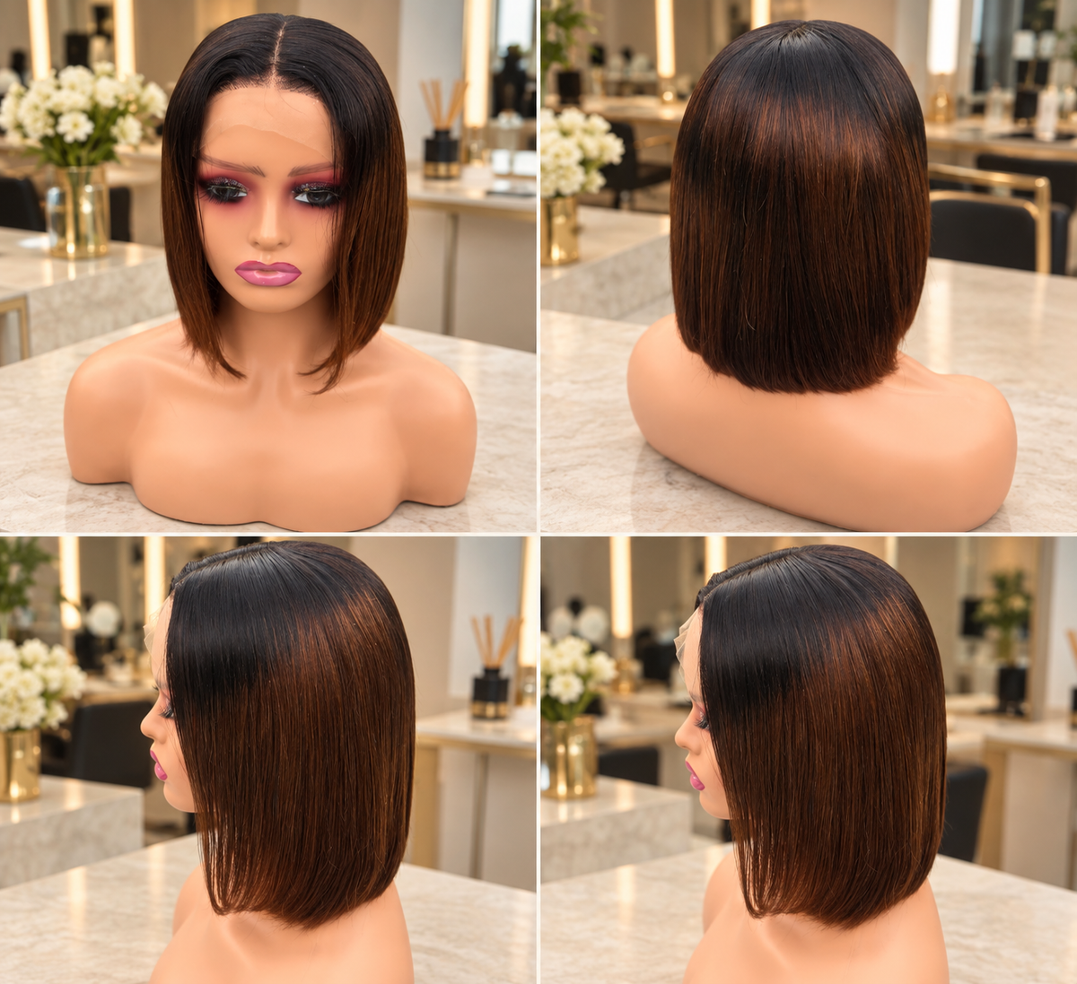 Sleek Chocolate Brown Bob Wig, Human Hair, 10”, 200 Density